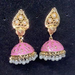 Pink jhumkas, earrings, pearl, Bollywood style